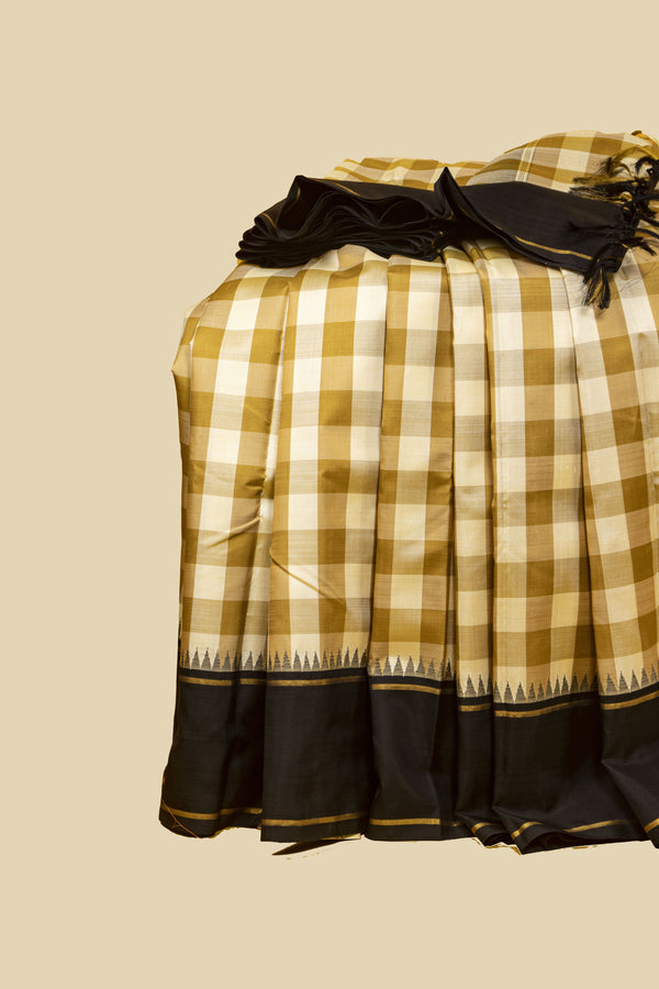 Beige, Light Brown and Black Korvai Checkered Kanjivaram Silk Saree