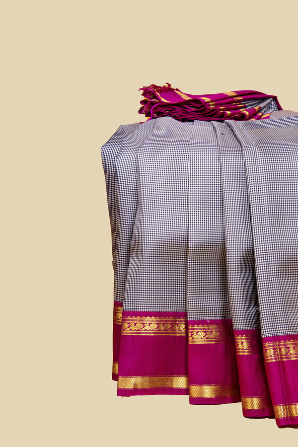 White, Black and Pink Checkered Kanjivaram Silk Saree