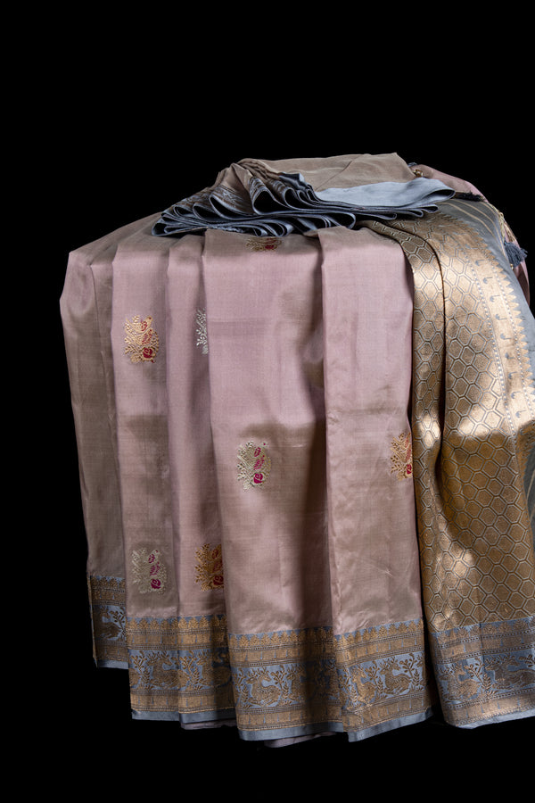 Brown Pastel and Grey Katan Silk  Banarasi Handloom Saree