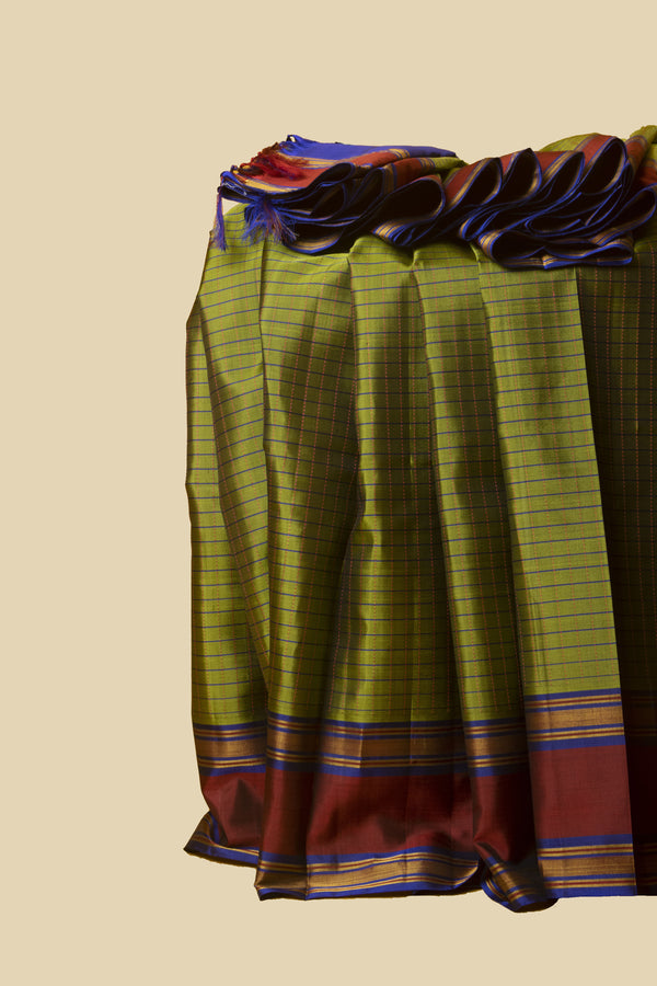 Green and Blue Striped Kanjivaram Silk Saree