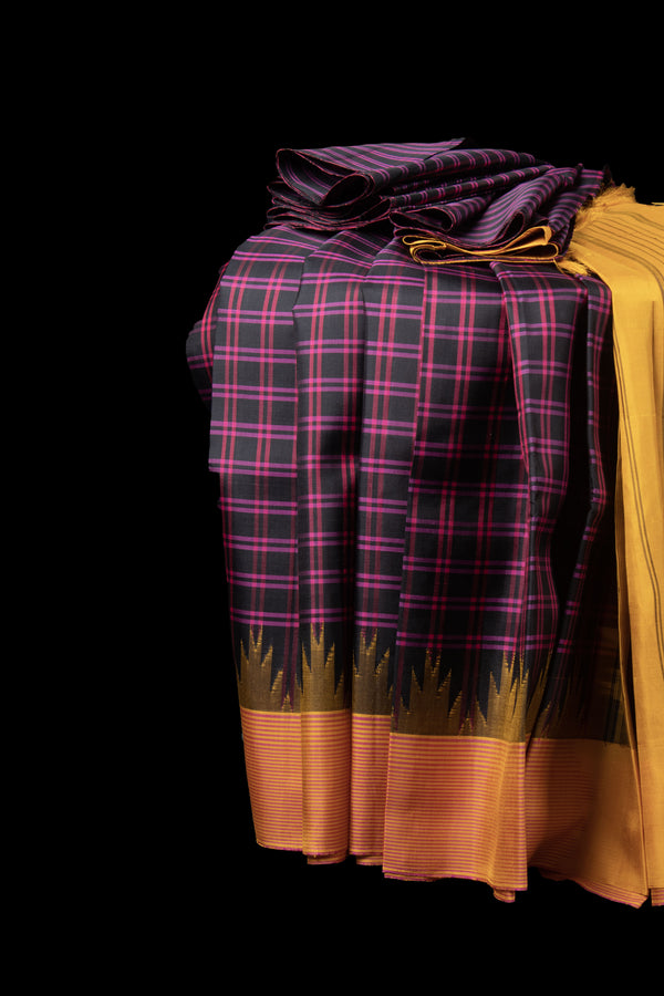 Black and  Pink Checks Kanjivaram Silk Saree