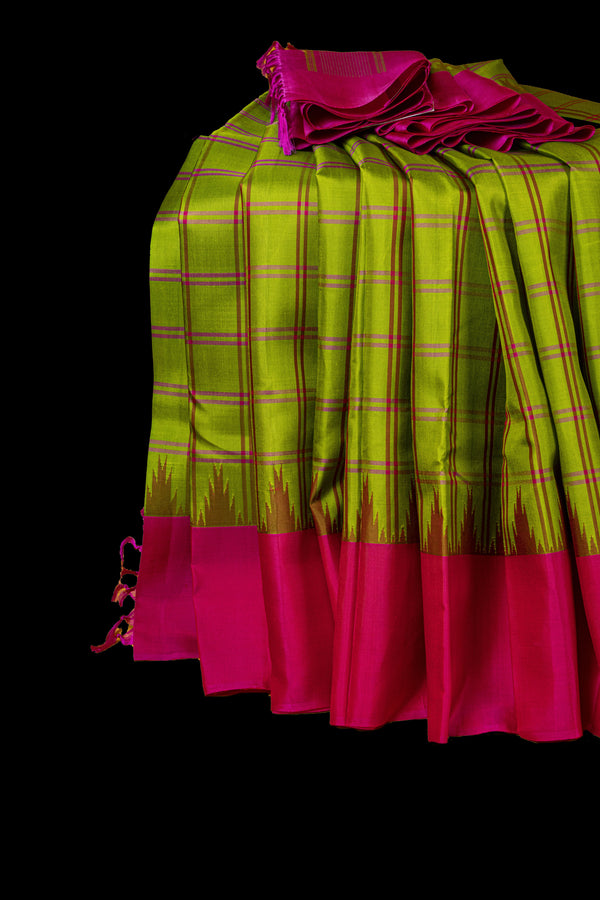 Seagreen Checkered Sari with Pink Border