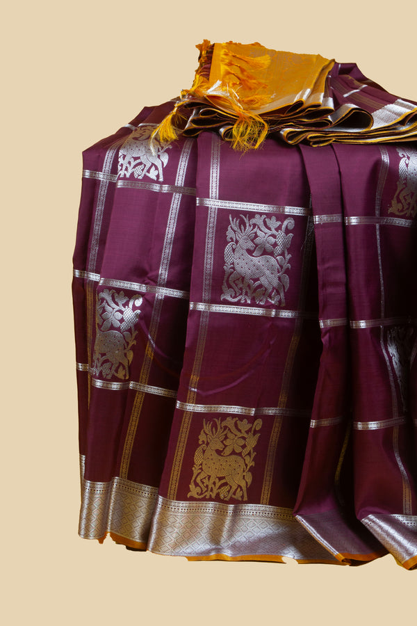 Wine and Yellow Checkered Deer Motif Kanjivaram Silk Saree