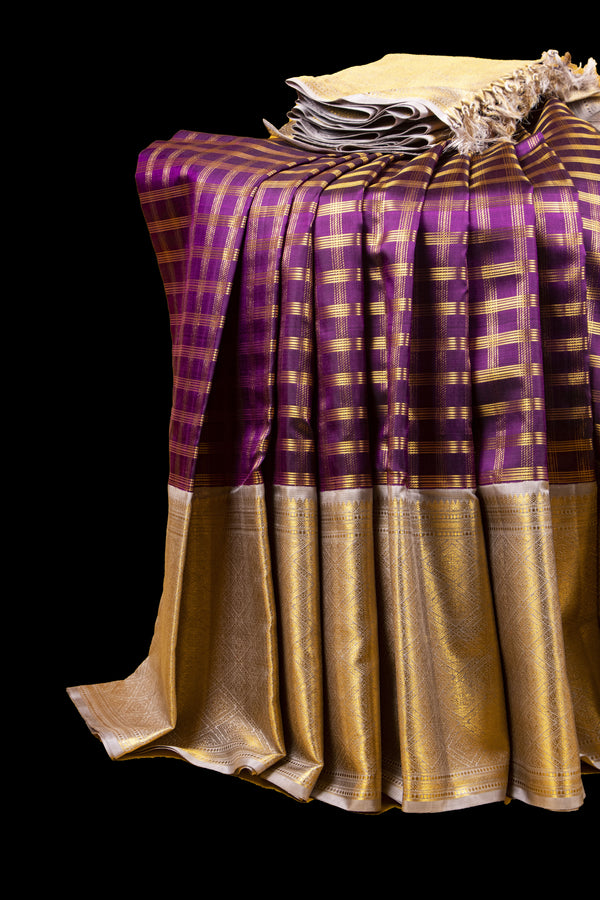 Magenta and Elephant Grey Checkered Kanjivaram Silk Saree