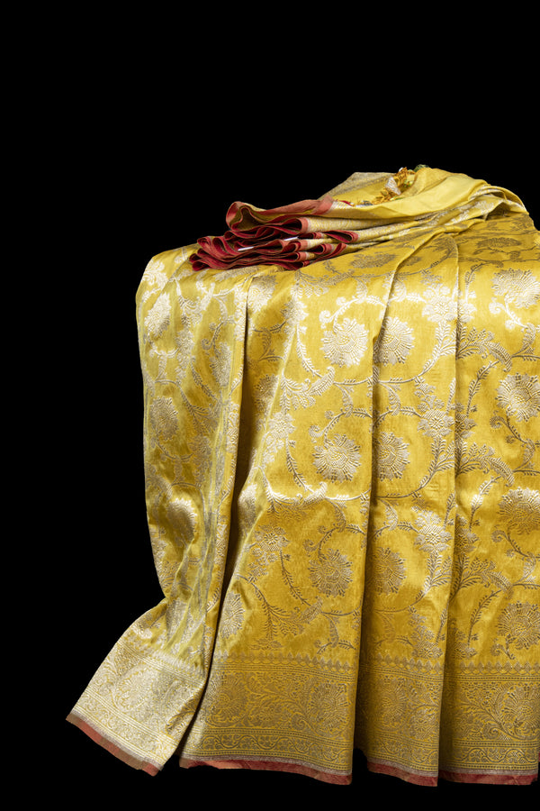 Lemon Yellow Katan Silk Jaal Banaras Handloom Saree