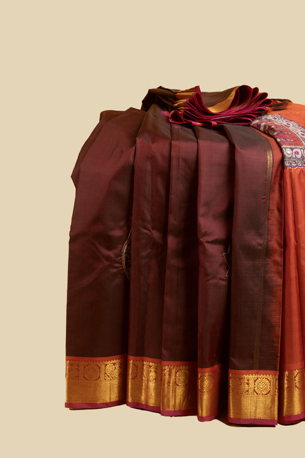 Maroon and Orange Kanjivaram Silk  Devi Aplique Work Saree