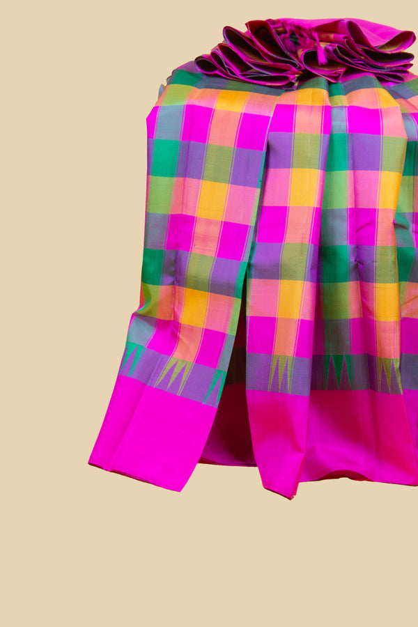 Pink and Multicoloured Checks Kanjivaram Silk Saree