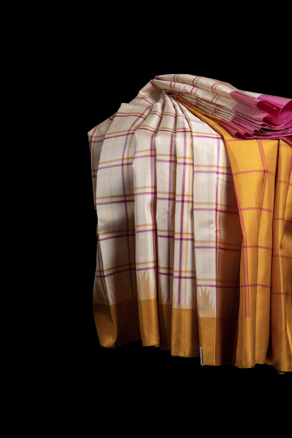 Cream and Yellow Checks Kanjivaram Silk Saree