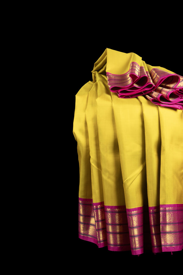 Lemon Yellow and Pink Kanjivaram Silk Saree