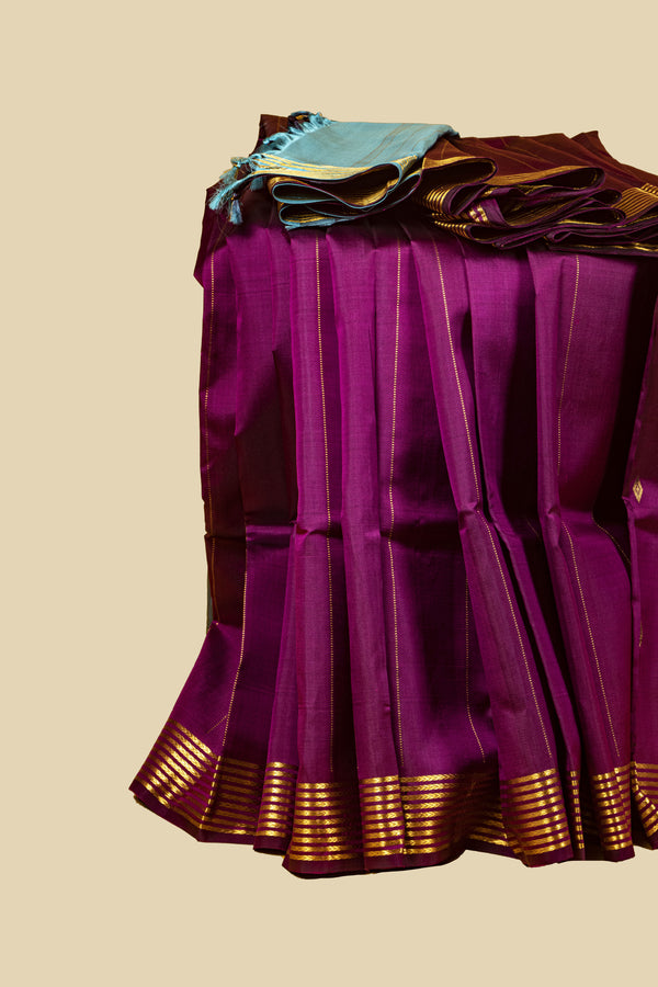 Magenta and Sky Blue Kanjivaram Silk Saree