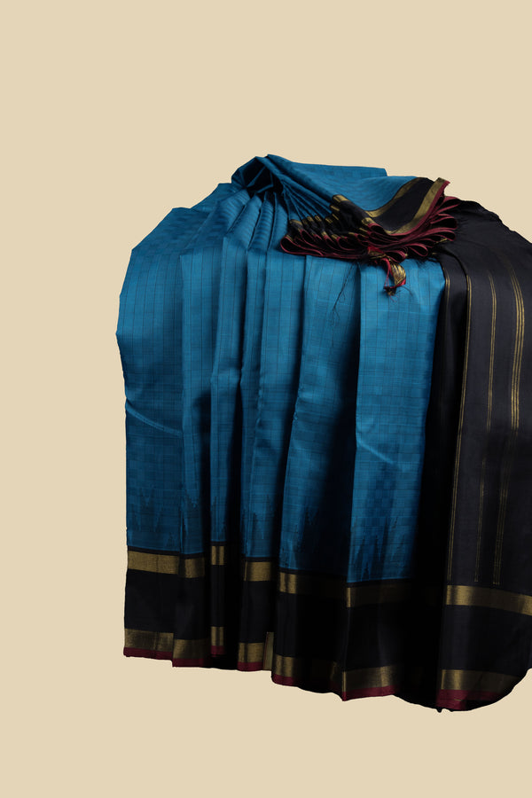 Blue and Black Kanjivaram Mat Design Silk Saree