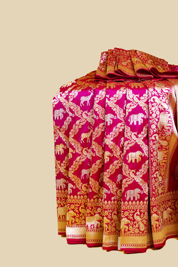 Rani Pink  Magenta Kadwa Shikargah Alfi Banarasi Katan Silk Saree