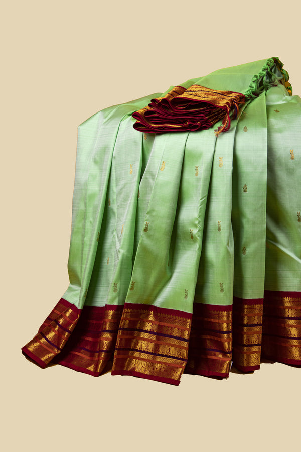 Pista Green and Maroon Red Kanjivaram Silk Saree