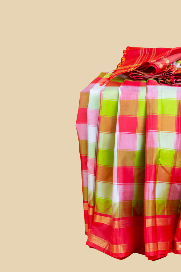 Red with Multicoloured Checks Kanjivaram Silk Saree