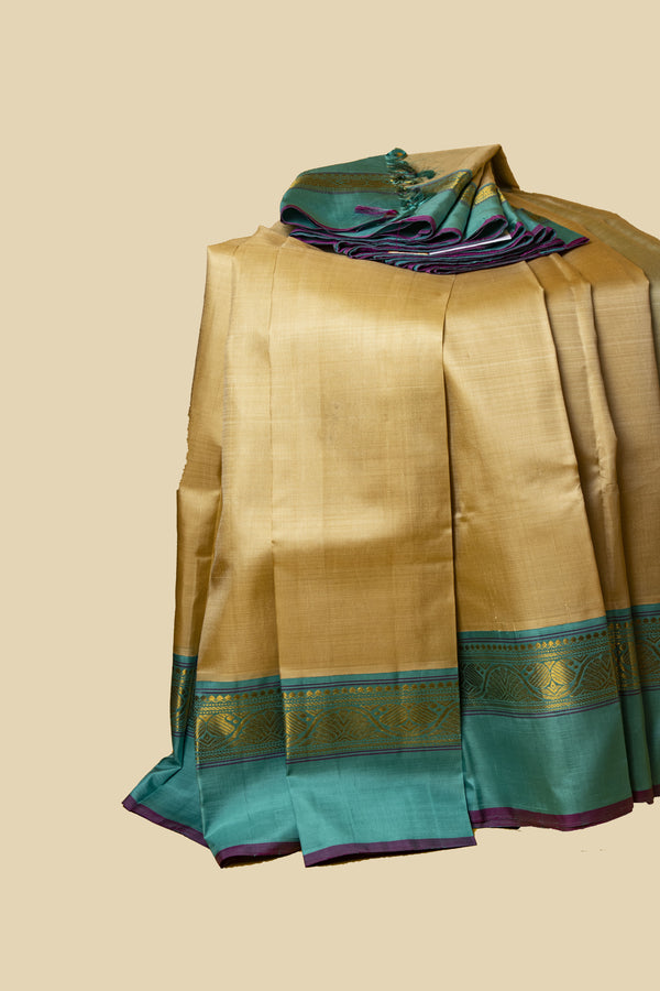 Sandal and Teal Korvai Kanjivaram Silk Saree