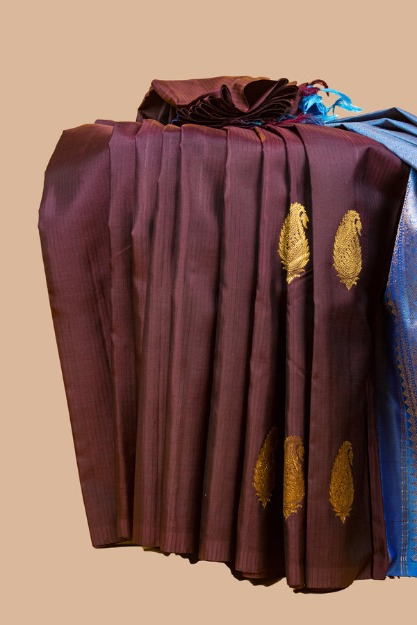 Brown and Blue Borderless Kanjivaram Silk Saree