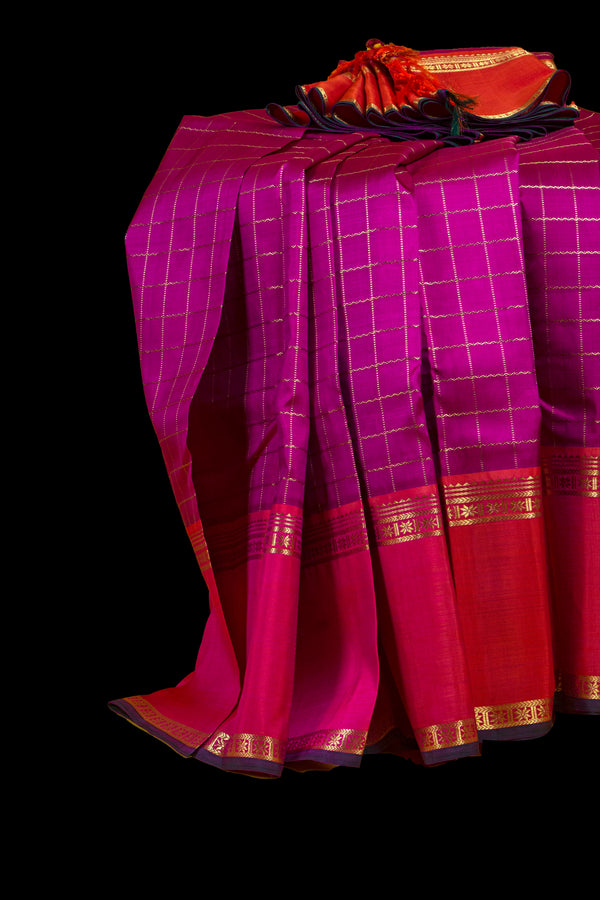 Pink and Orange Kanjivaram Silk Checkered Saree