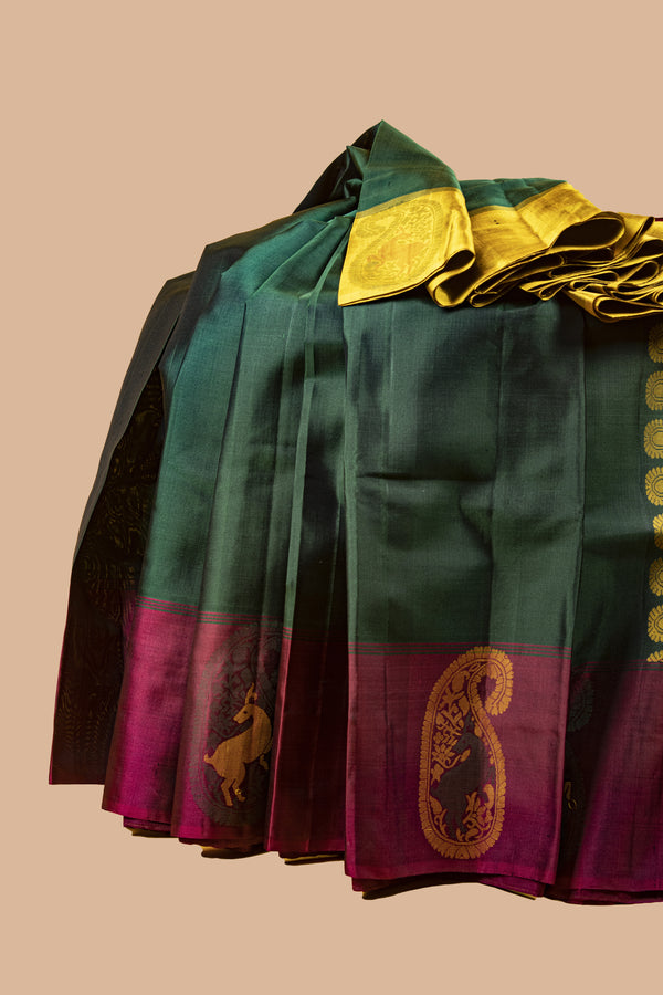 Green and Maroon and Mustard Kanjivaram Silk Saree