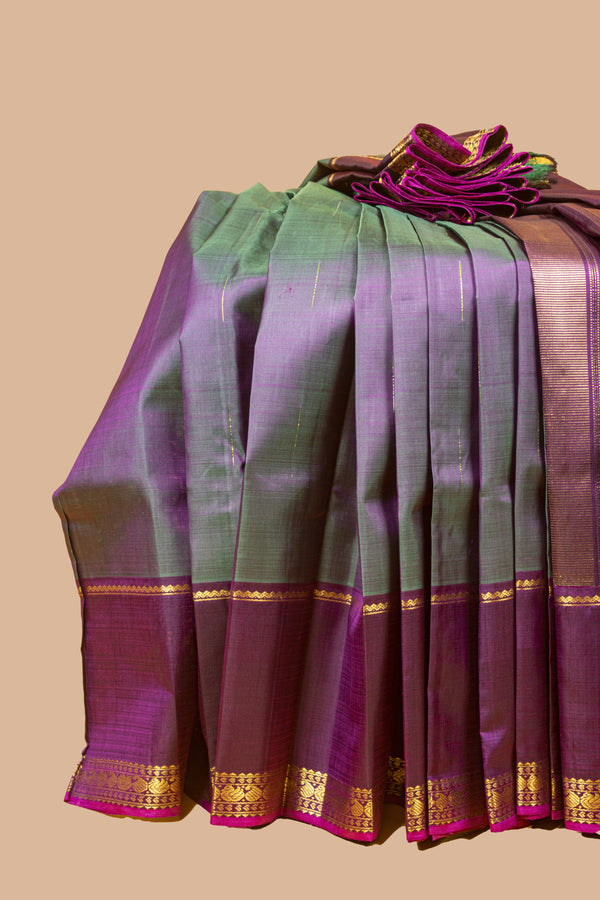 Mango Leaf Manthulir and Magenta Purple Kanjivaram Silk Saree