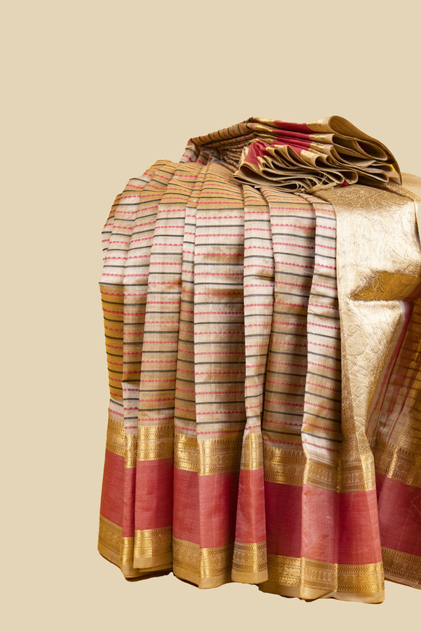 Beige and Pink Veldhari Silk Cotton Saree