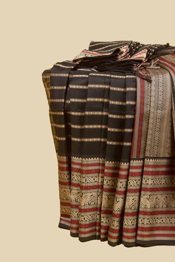 Black Veldhari Silk Cotton Saree - Ships from the US Restocked