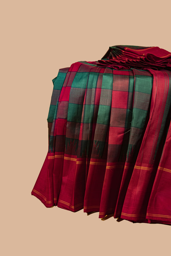 Red, Maroon and Green Checks Kanjivaram Silk Saree