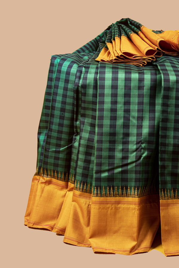 Green and Black Checks and Mustard Yellow Kanjivaram Silk Saree