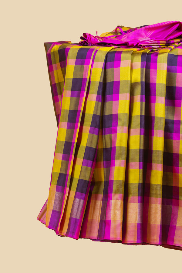 Multicoloured Checks and Pink Kanjivaram Silk Saree