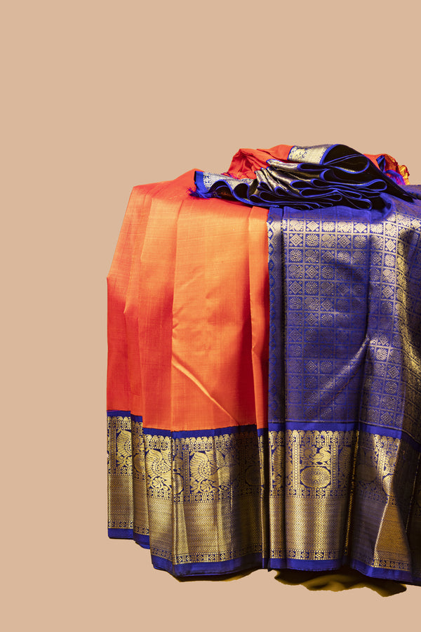 Orange and Blue  Kanjivaram Silk Saree