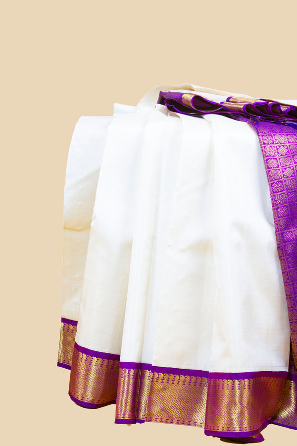 Pearl White and Purple Kanjivaram Silk Saree