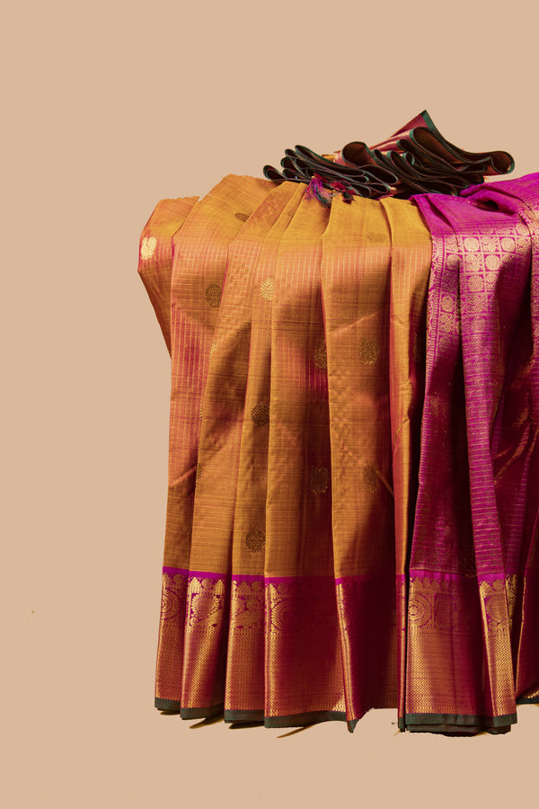 Mustard Yellow and Pink Kotaddi Kattam Kanjivaram Silk Saree