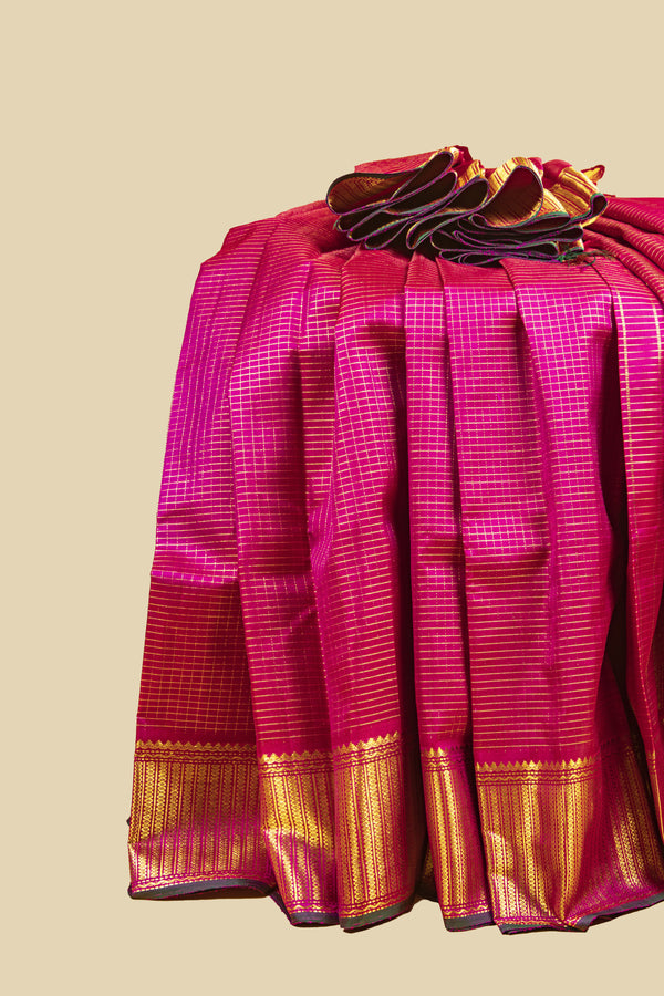 Pink Kottadi Kattam Checks in Gold Zari Vintage Kanjivaram Silk Saree