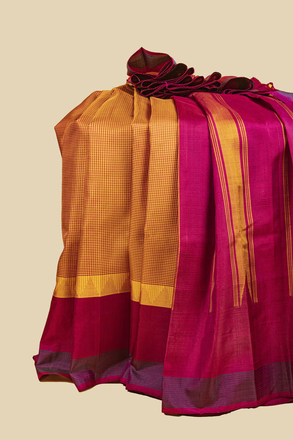 Mustard Yellow and Maroon Kanjivaram Silk Saree