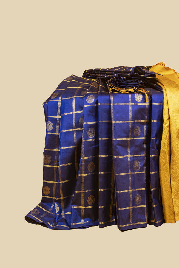 Blue and Mustard Yellow Kanjivaram Silk - Borderless Saree