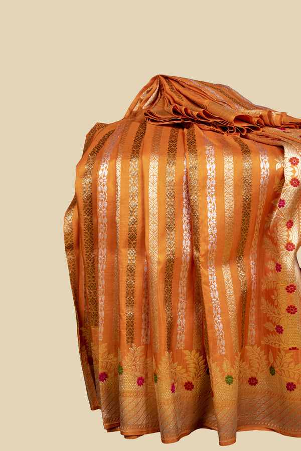 Radiant Orange Zari Striped Katan Silk Banaras Saree