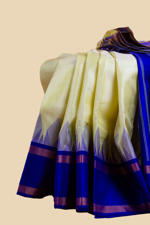 Light Yellow and Blue Kanjivaram Silk Saree