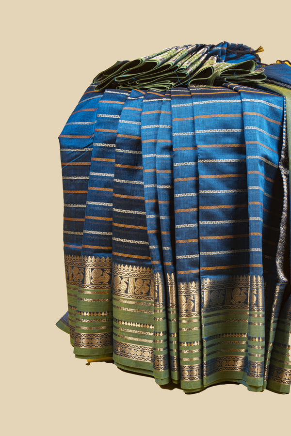 Aquamarine Blue and Green Veldhari Silk Cotton Saree