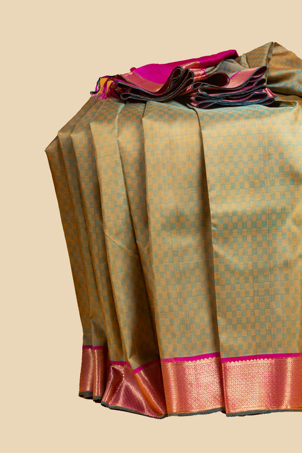 Pale Green and Yellow and Pink Kanjivaram Mat Design Silk Saree