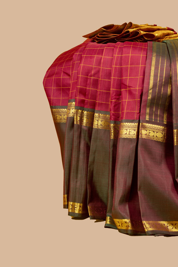 Red Checks Dual Pallu Kanjivaram Silk Saree