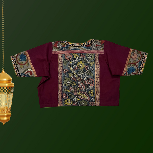 Maroon cotton blouse with Pen Kalamkari patch - Size 40