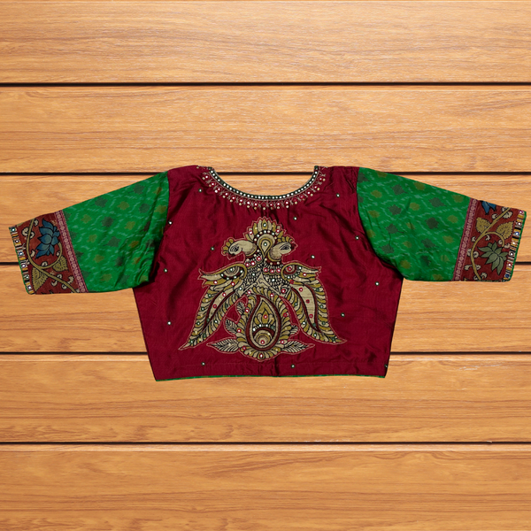 Kanjeevaram silk Mayura blouse with raw silk Pochampalli sleeves - Size 36