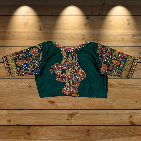 Kanjeevaram silk bottle green blouse with Pen Kalamkari Saraswati sleeves, appliqué work - Size 40