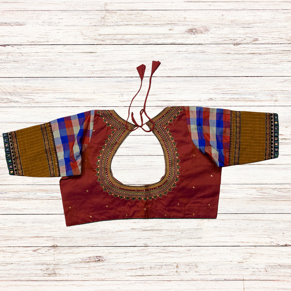 Kanjeevaram silk blouse with multicolour embroidered sleeves, Paalum Pazhamum checks elegance - Size 40