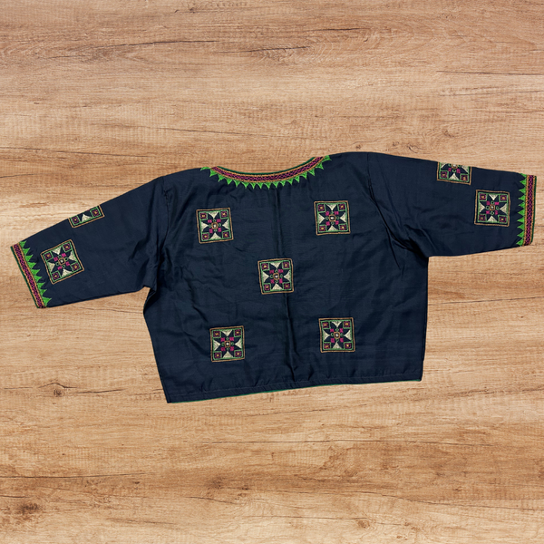 Kanjeevaram silk elephant grey blouse with intricate Kutch embroidery - Size 38