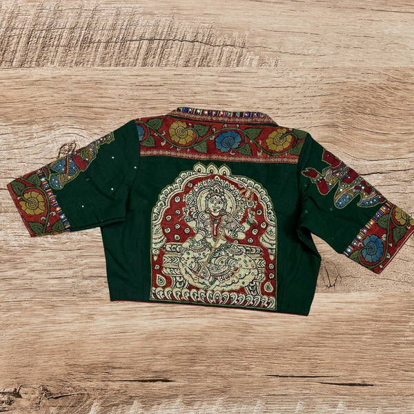 Cotton blouse with Durga goddess and dancing doll Pen Kalamkari sleeves - Size 38