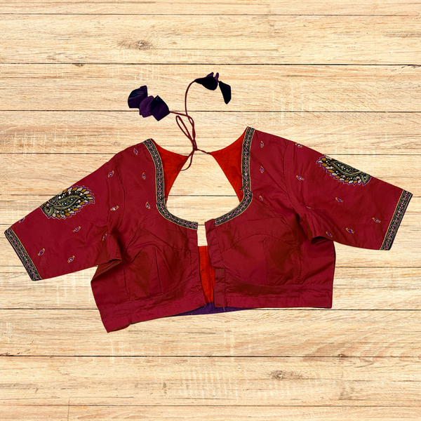 Silk cotton blouse with Pen Kalamkari Annam bird appliqué and intricate embroidery - Size 46