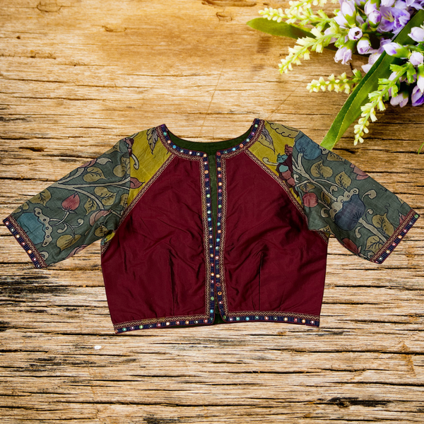 Pochampally raw silk blouse featuring yellow Kalamkari patch and elegant Tussar Pen Kalamkari sleeve - Size 38