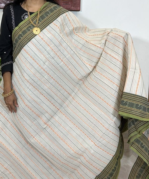 Off White and Green Kanjivaram Cotton Saree