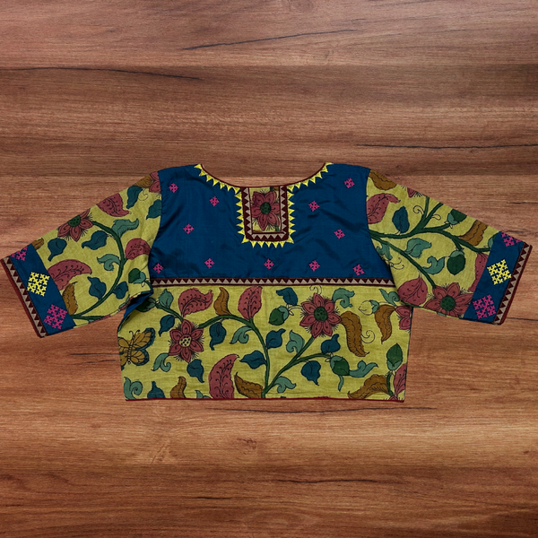 Blue Kanjeevaram silk blouse with yellow Pen Kalamkari, Kutch embroidery - Size 38