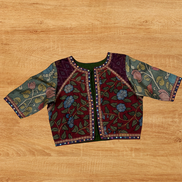 Pochampally raw silk blouse with maroon Pochampally patch, Tussar silk Pen Kalamkari detailed sleeves - Size 38